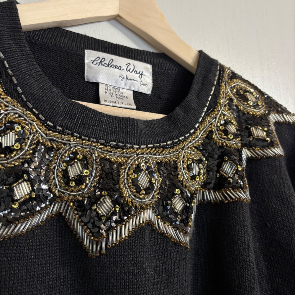 Vintage‎ Chelsea Way Naomi Bee Black Beaded Sequin Embellished Sweater Large